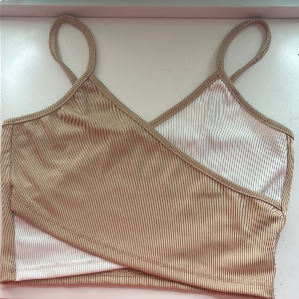 Tan and White Women's Intimate Crossover Top